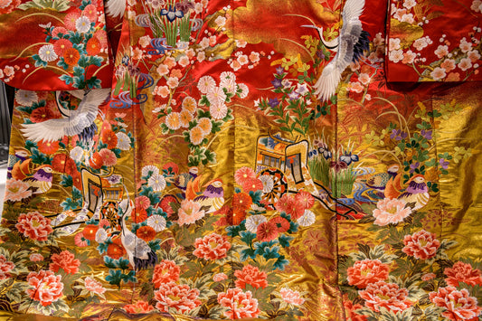 KIMONO WITH CRANES AND PINE BRANCHES, EMBROIDERED RED SILK, 1920s