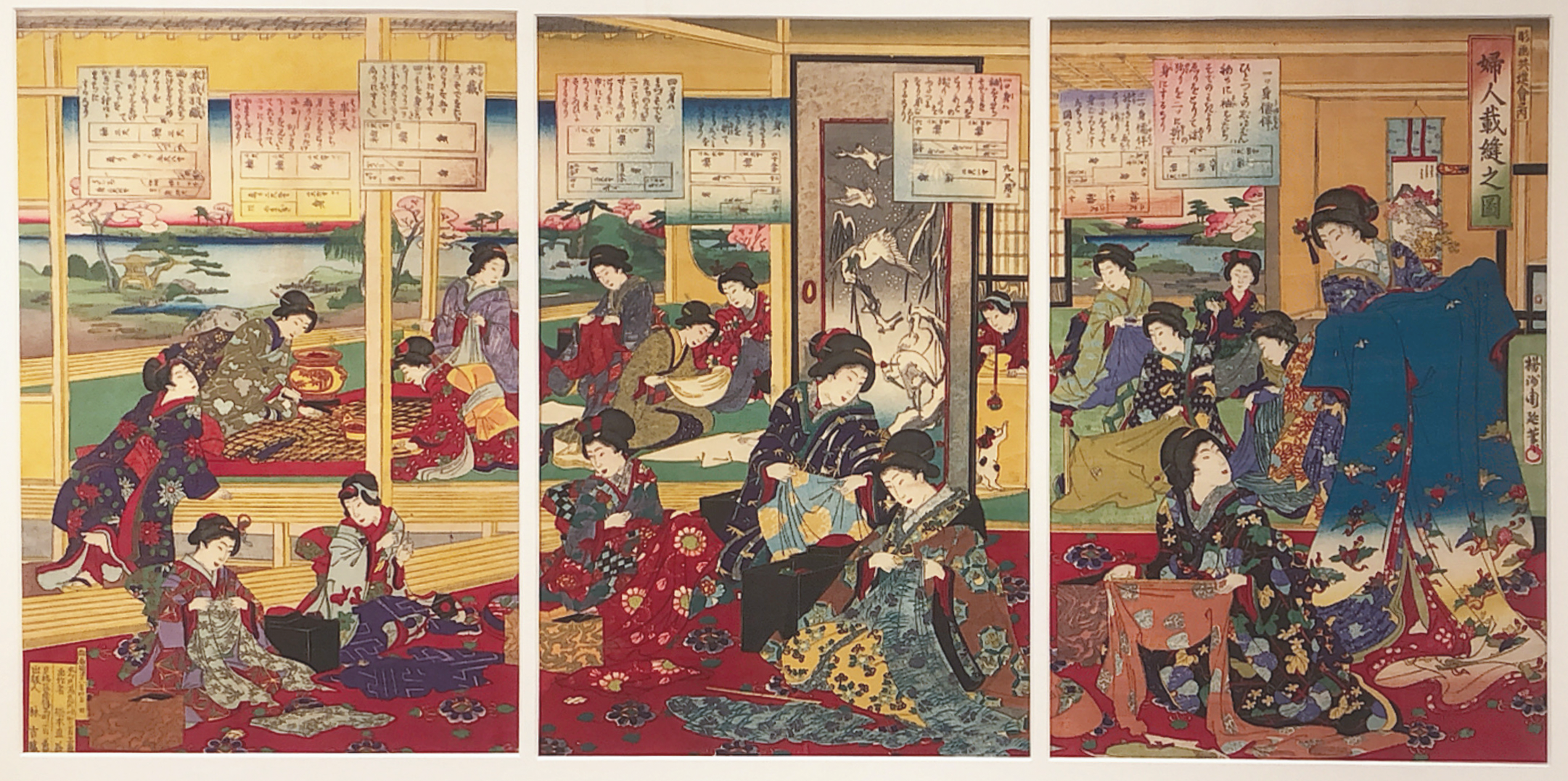 Triptych Beauties making Kimono